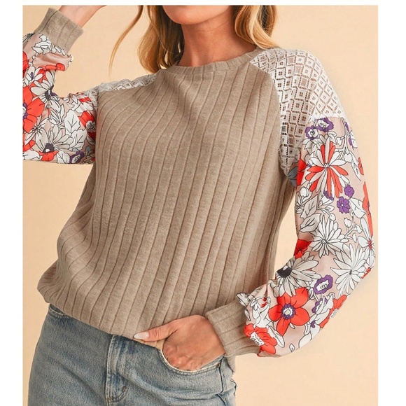Boho Floral Print lace panel Brushed Fabric Long Sleeve Top